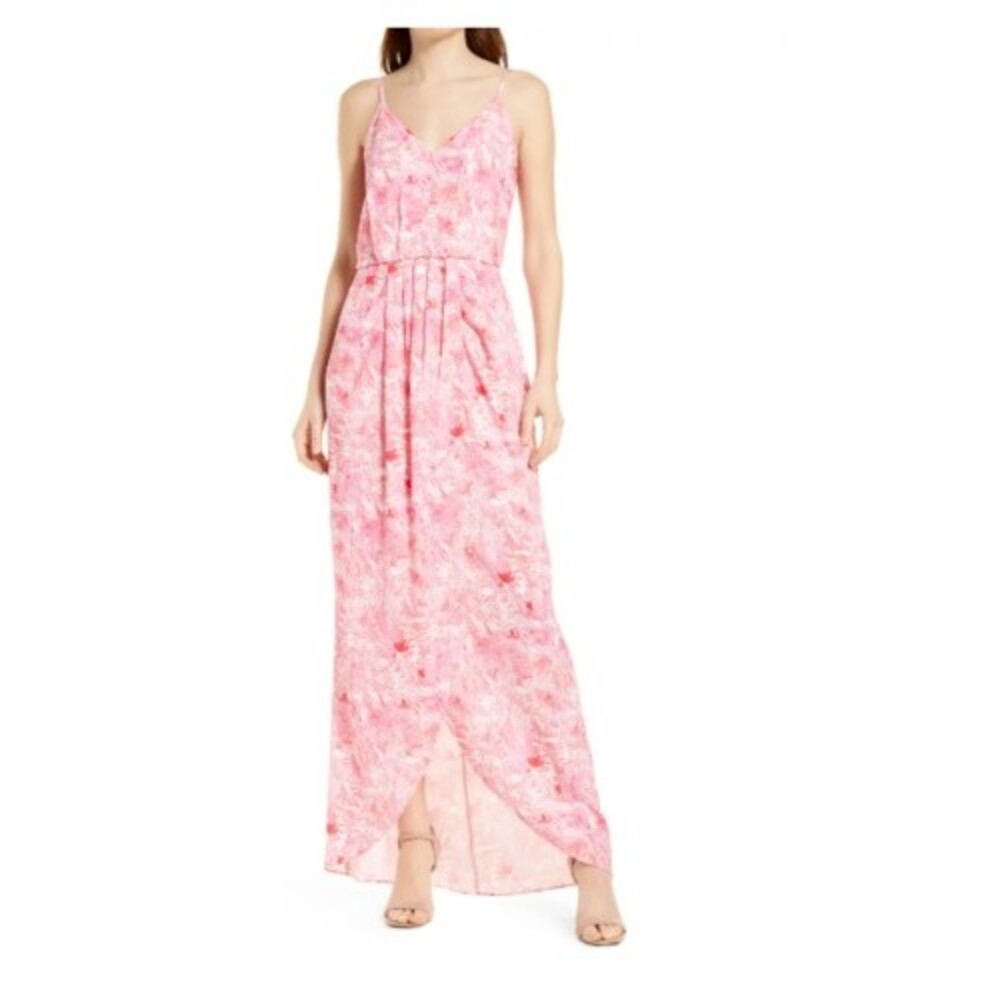 Chelsea28 Faux Wrap Camisole Dress XS Pink- Red Splatter Paint Maxi Pink NEW B71